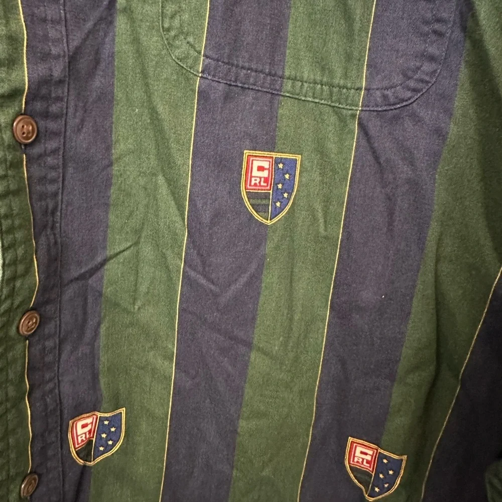 CHAPS RALPH LAUREN 90s Button-down Shirt XXL Green Navy Striped Emblem Logo - Picture 2 of 6